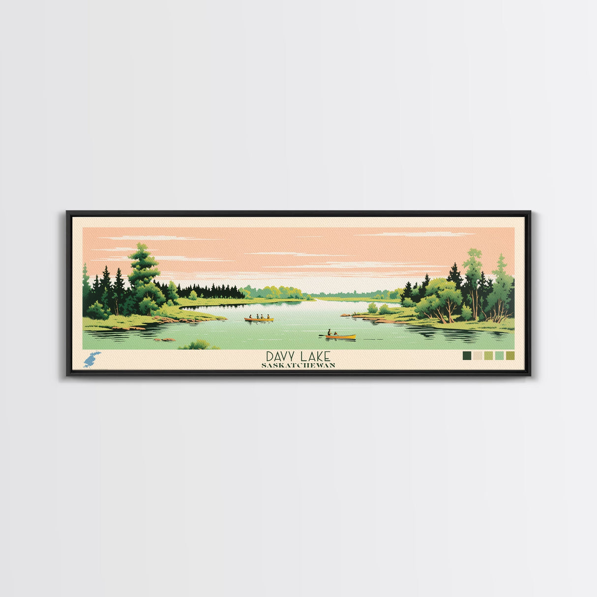 Davy Lake Saskatchewan Framed Canvas Print, Midcentury Modern Panoramic Wall Art, Living Room Decor, Pop Art, Travel Poster Art, Scenic Nature Painting