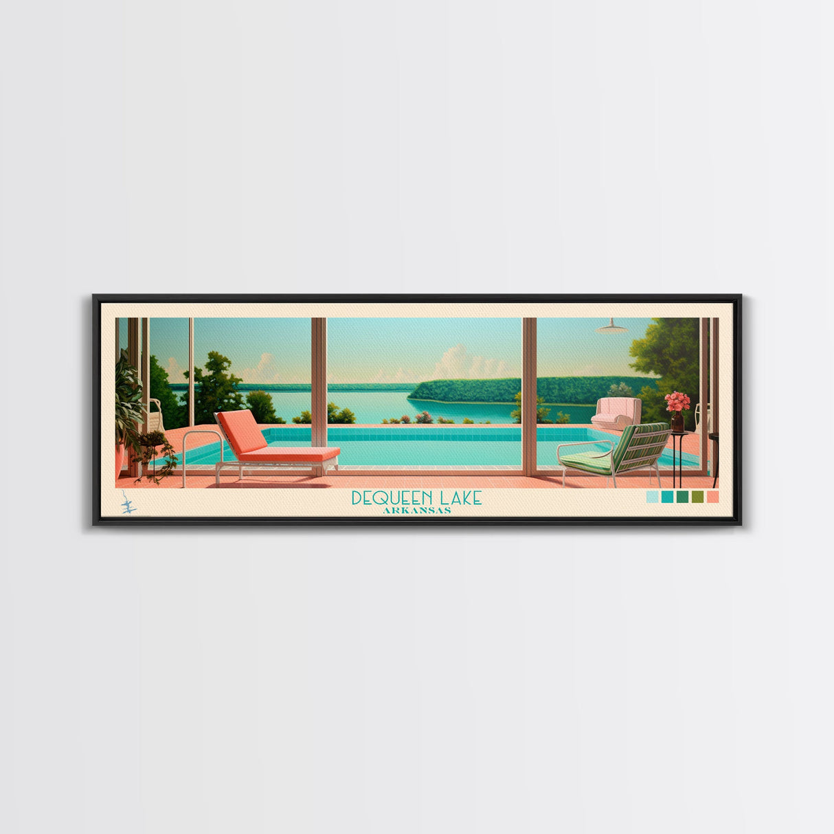 DeQueen Lake Arkansas Framed Canvas Print, Midcentury Modern Panoramic Wall Art, Living Room Decor, Pop Art, Travel Poster Art, Scenic Nature Painting