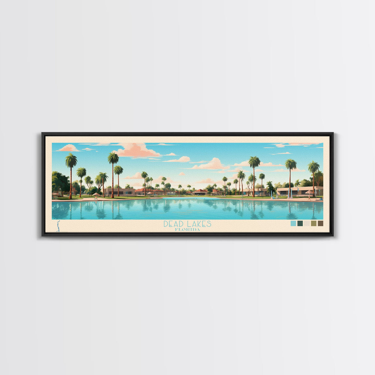 Dead Lakes Florida Framed Canvas Print, Midcentury Modern Panoramic Wall Art, Bedroom Decor, Pop Art, Travel Poster Art, Scenic Nature Painting