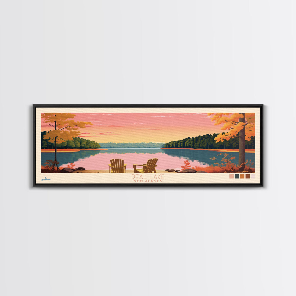 Deal Lake New Jersey Framed Canvas Print, Midcentury Modern Panoramic Wall Art, Living Room Decor, Pop Art, Travel Poster Art, Scenic Nature Painting