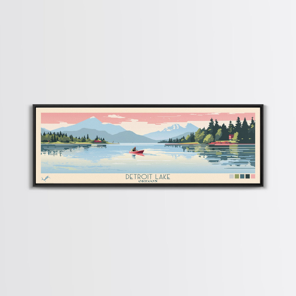 Detroit Lake Oregon Framed Canvas Print, Midcentury Modern Panoramic Wall Art, Bedroom Decor, Pop Art, Travel Poster Art, Scenic Nature Painting