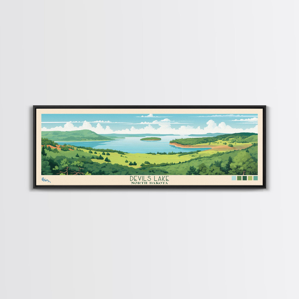 Devils Lake North Dakota Framed Canvas Print, Midcentury Modern Panoramic Wall Art, Living Room Decor, Pop Art, Travel Poster Art, Scenic Nature Painting