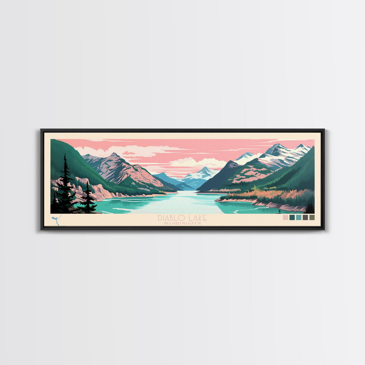 Diablo Lake Washington Framed Canvas Print, Midcentury Modern Panoramic Wall Art, Bedroom Decor, Pop Art, Travel Poster Art, Scenic Nature Painting