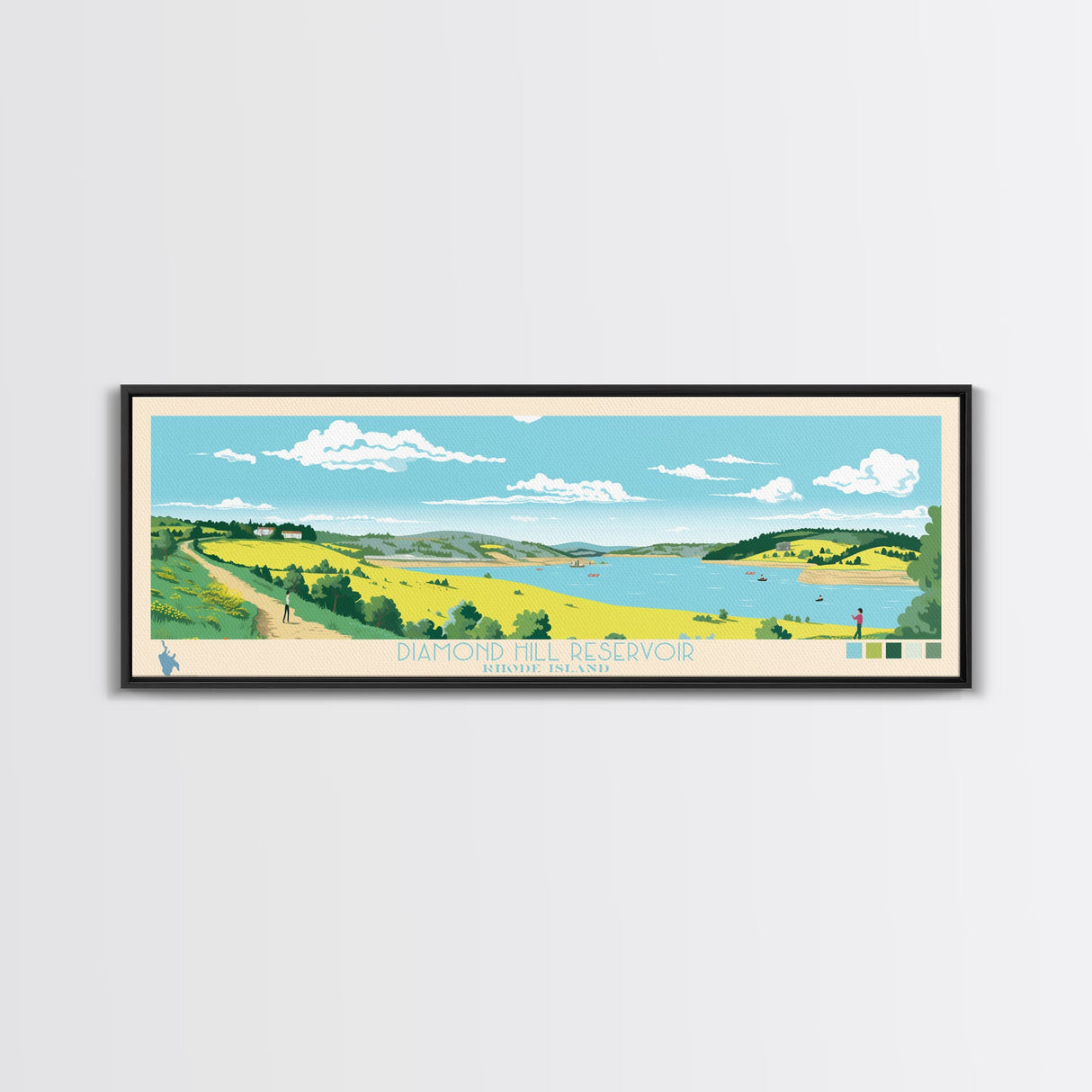 Diamond Hill Reservoir Rhode Island Framed Canvas Print, Midcentury Modern Panoramic Wall Art, Living Room Decor, Pop Art, Travel Poster Art, Scenic Nature Painting