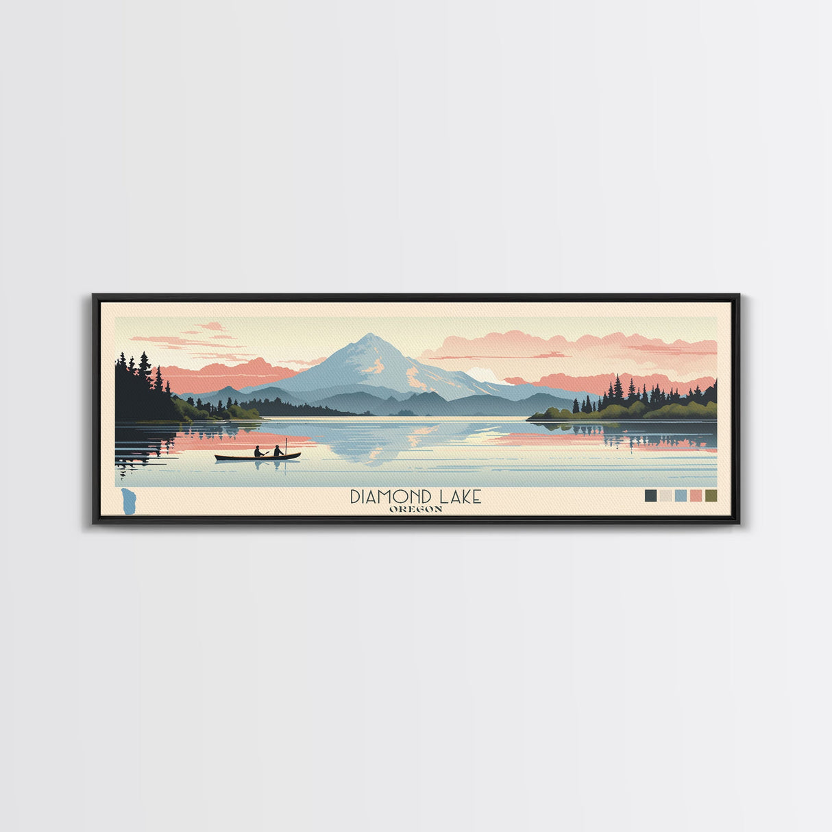 Diamond Lake Oregon Framed Canvas Print, Midcentury Modern Panoramic Wall Art, Bedroom Decor, Pop Art, Travel Poster Art, Scenic Nature Painting