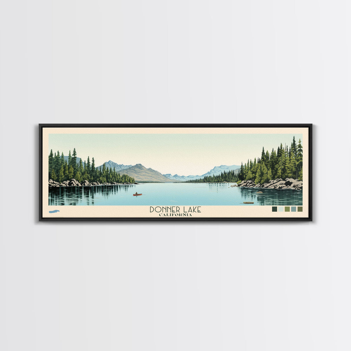 Donner Lake California Framed Canvas Print, Midcentury Modern Panoramic Wall Art, Bedroom Decor, Pop Art, Travel Poster Art, Scenic Nature Painting