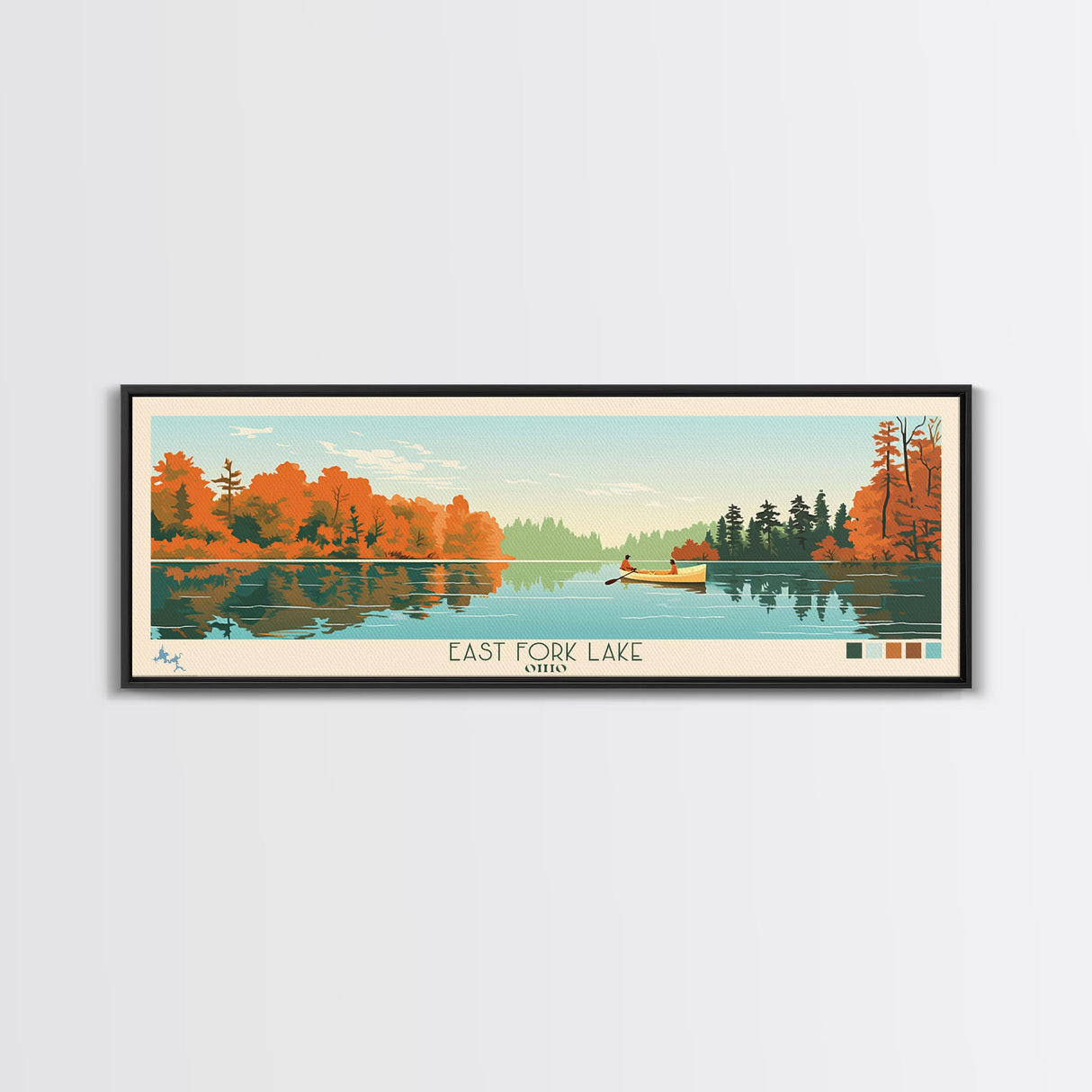 East Fork Lake Ohio Framed Canvas Print, Panoramic Wall Art, Midcentury Modern, Pop Art, Bedroom Decor, Travel Poster, Artistic Lake Painting