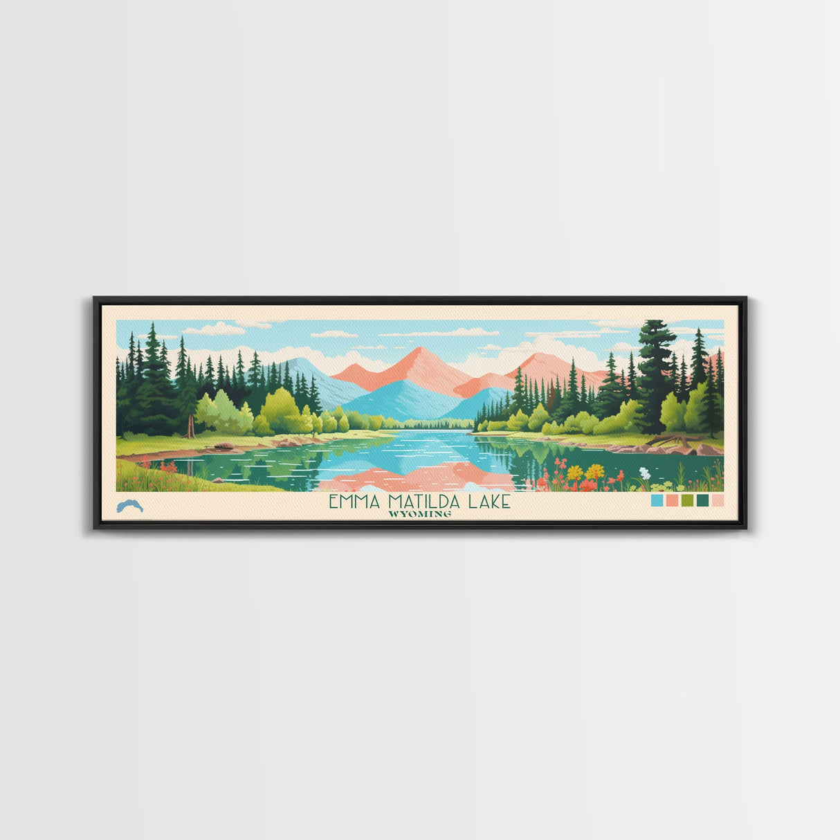 Emma Matilda Lake Wyoming Framed Canvas Print, Panoramic Wall Art, Midcentury Modern, Pop Art, Bedroom Decor, Travel Poster, Nature Painting