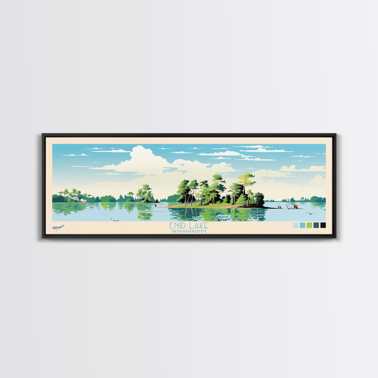 Enid Lake Mississippi Framed Canvas Print, Panoramic Art, Midcentury Modern, Pop Art, Living Room Decor, Travel Poster, Lake Painting