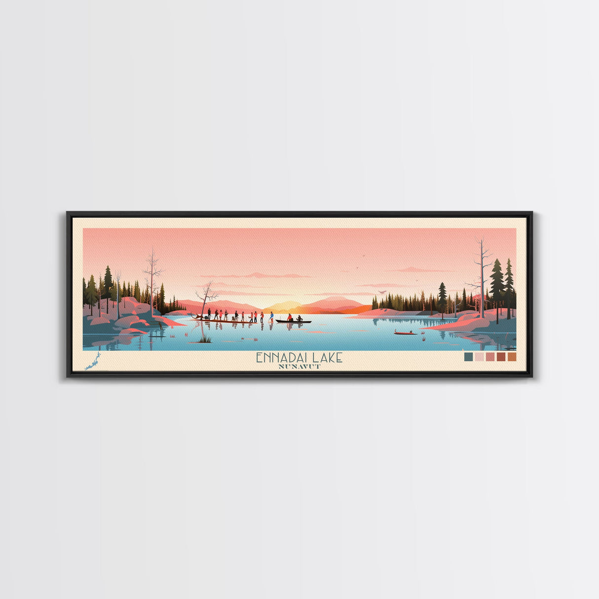 Ennadai Lake Nunavut Framed Canvas Print, Panoramic Wall Art, Midcentury Modern, Pop Art, Bedroom Decor, Travel Poster, Lake View