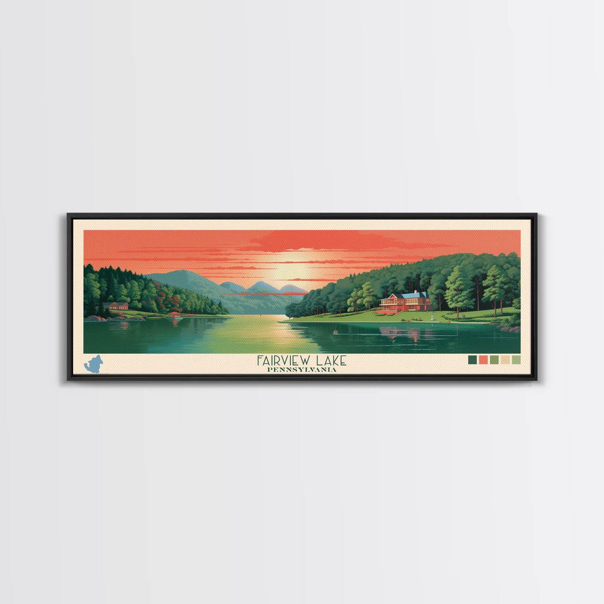 Fairview Lake Pennsylvania Framed Canvas Print, Panoramic Art, Midcentury Modern, Pop Art, Living Room Decor, Travel Poster, Wall Art, Nature Art