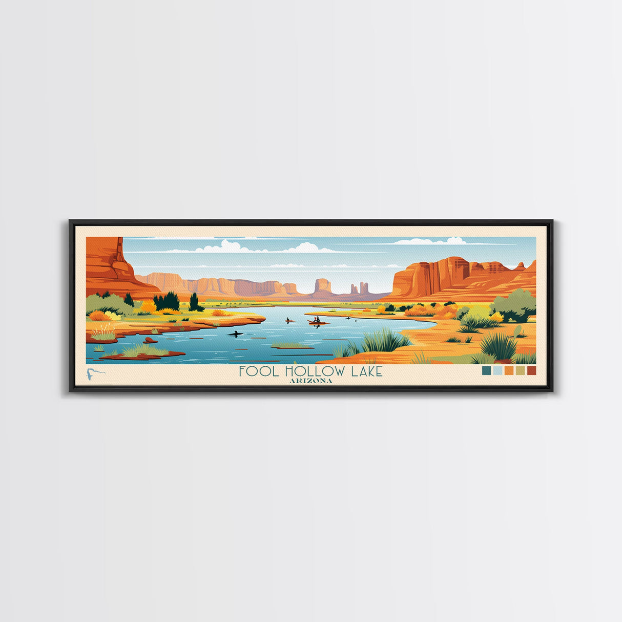 Fool Hollow Lake Arizona Framed Canvas Print, Panoramic Art, Midcentury Modern, Pop Art, Living Room Decor, Travel Poster, Lake Painting, Wall Art