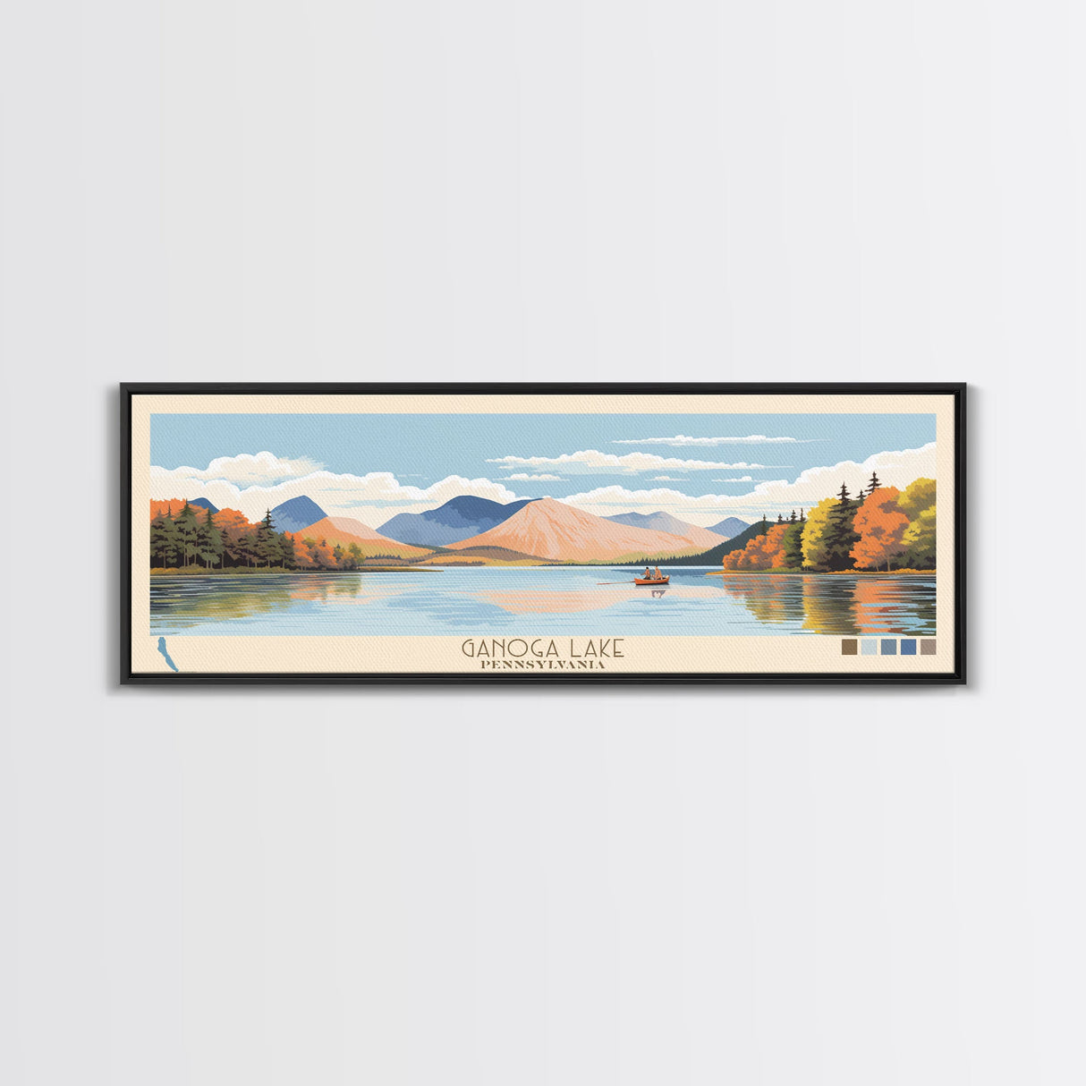 Ganoga Lake Pennsylvania Framed Canvas Print, Panoramic Art, Midcentury Modern, Pop Art, Living Room Wall Art, Travel Poster, Nature Painting, Home Decor