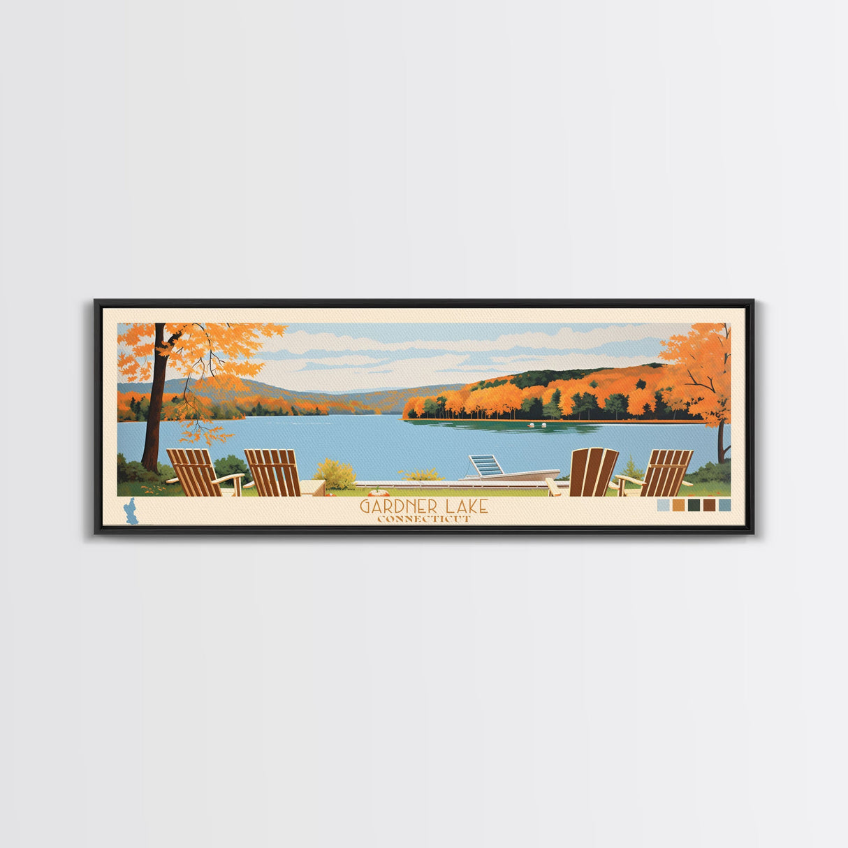 Gardner Lake Connecticut Framed Canvas Print, Panoramic Wall Art, Midcentury Modern, Pop Art, Bedroom Decor, Travel Poster, Lake View, Artistic Decor