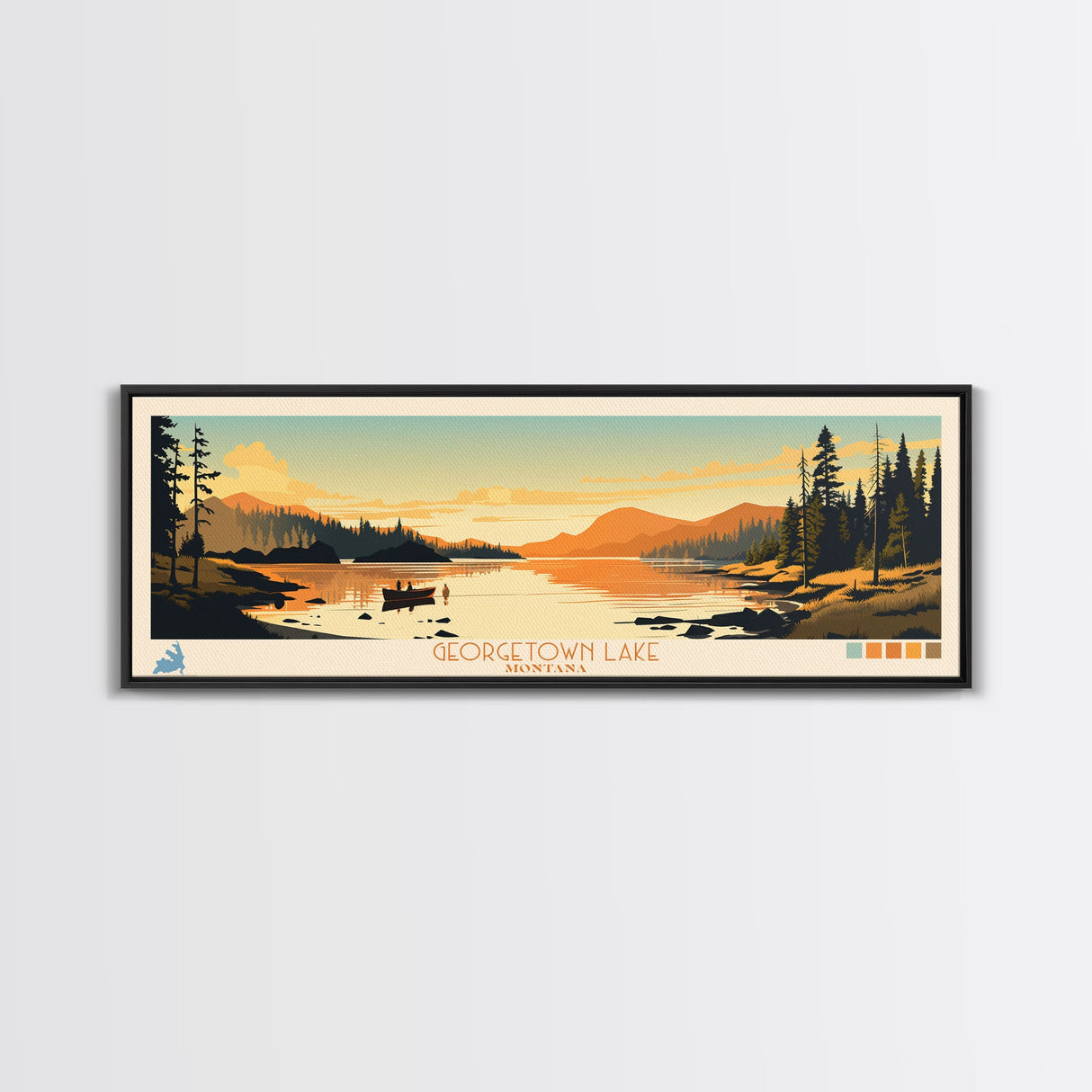 Georgetown Lake Montana Framed Canvas Print, Panoramic Wall Art, Midcentury Modern, Pop Art, Living Room Decor, Travel Poster, Nature Art, Lake House Art