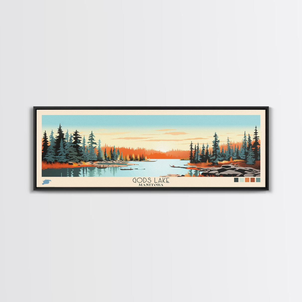 Gods Lake Manitoba Framed Canvas Print, Panoramic Art, Midcentury Modern, Pop Art, Bedroom Decor, Travel Poster, Nature Art, Lake House Art