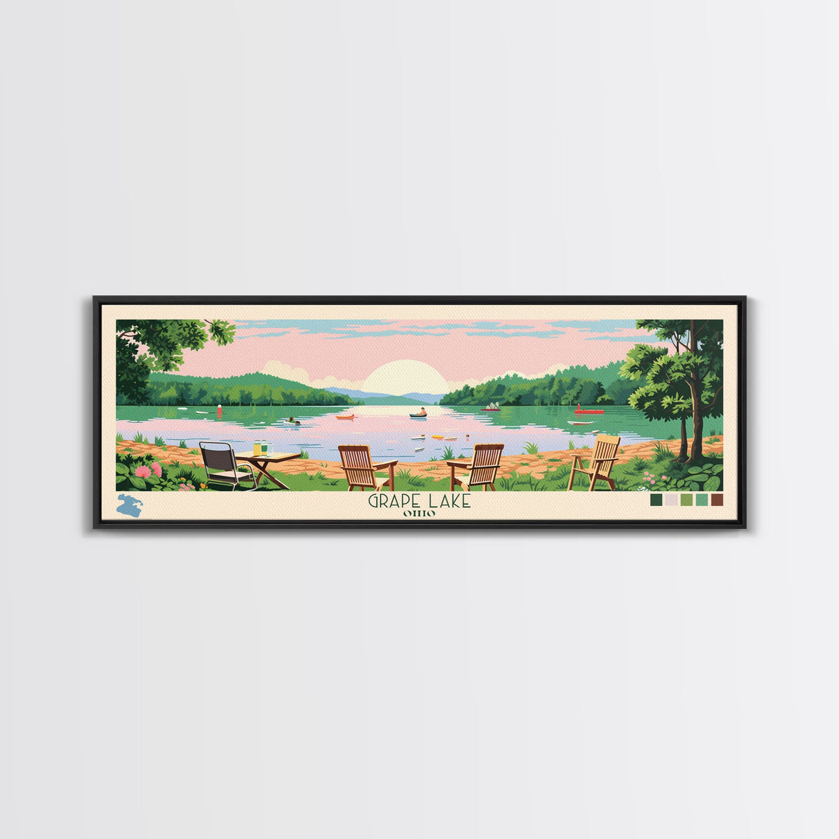 Grape Lake Ohio Framed Canvas Print, Panoramic Wall Art, Midcentury Modern, Pop Art, Living Room Wall Art, Travel Poster, Artistic Decor, Nature Art