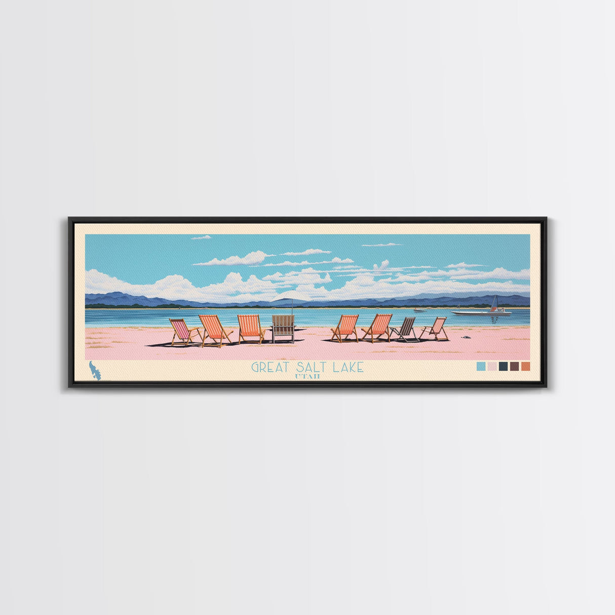 Great Salt Lake Utah Framed Canvas Print, Panoramic Wall Art, Midcentury Modern, Pop Art, Living Room Wall Art, Travel Poster, Nature Art, Artistic Decor