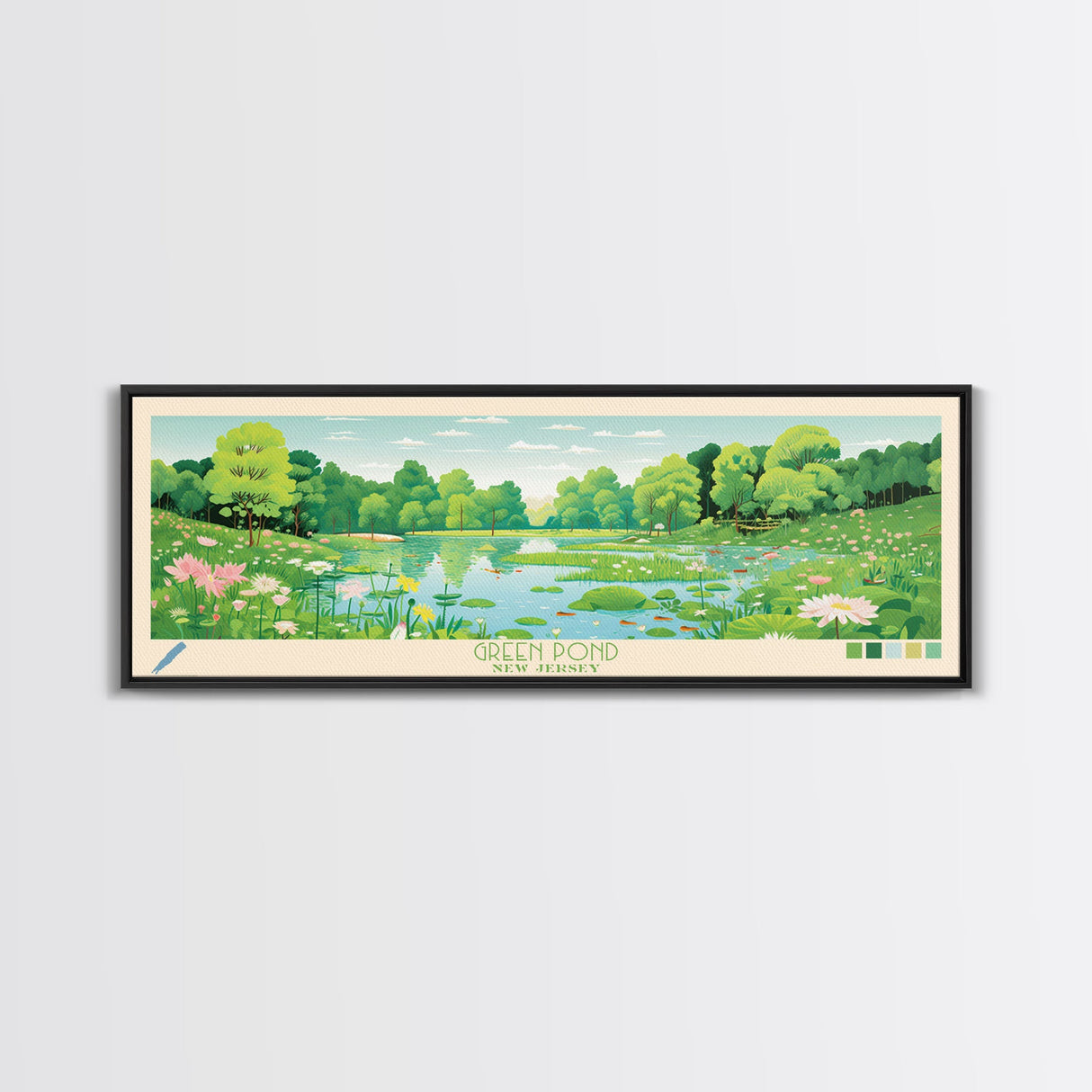 Green Pond New Jersey Framed Canvas Print, Panoramic Wall Art, Midcentury Modern, Pop Art, Living Room Decor, Travel Poster, Nature Art, Home Decor