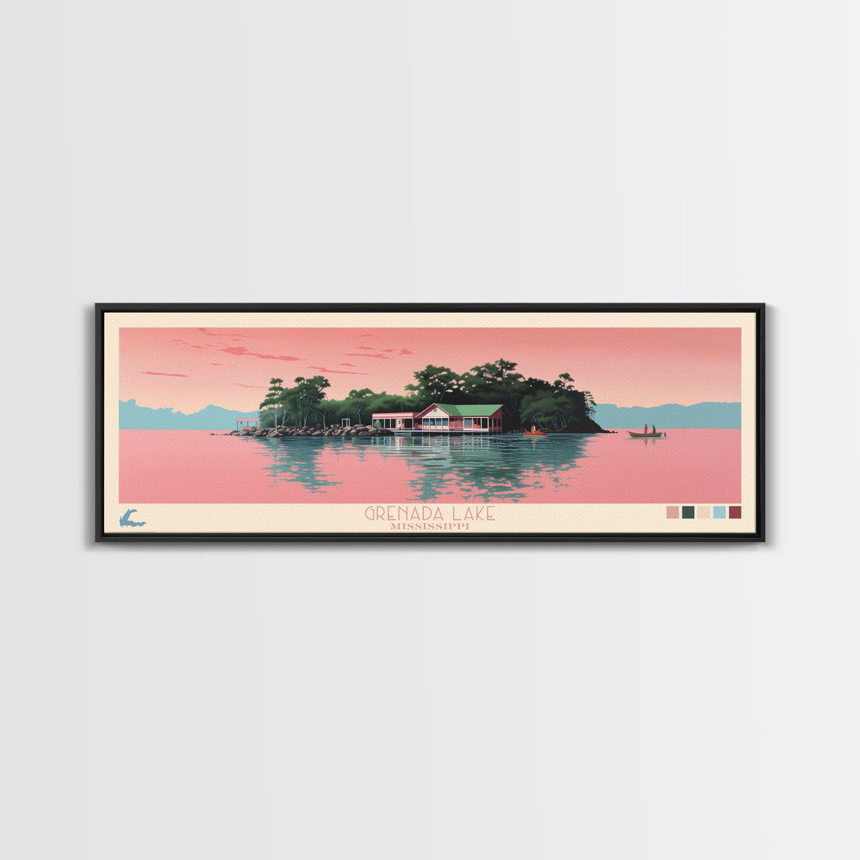 Grenada Lake Mississippi Framed Canvas Print, Panoramic Art, Midcentury Modern, Pop Art, Bedroom Decor, Travel Poster, Nature Art, Home Decor