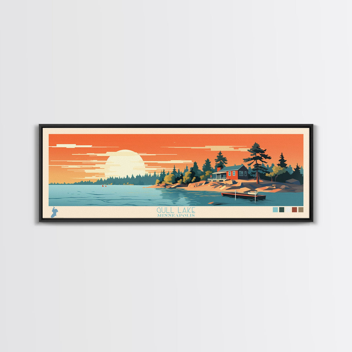 Gull Lake Minneapolis Framed Canvas Print, Panoramic Wall Art, Midcentury Modern, Pop Art, Living Room Decor, Travel Poster, Nature Art, Lake House Art