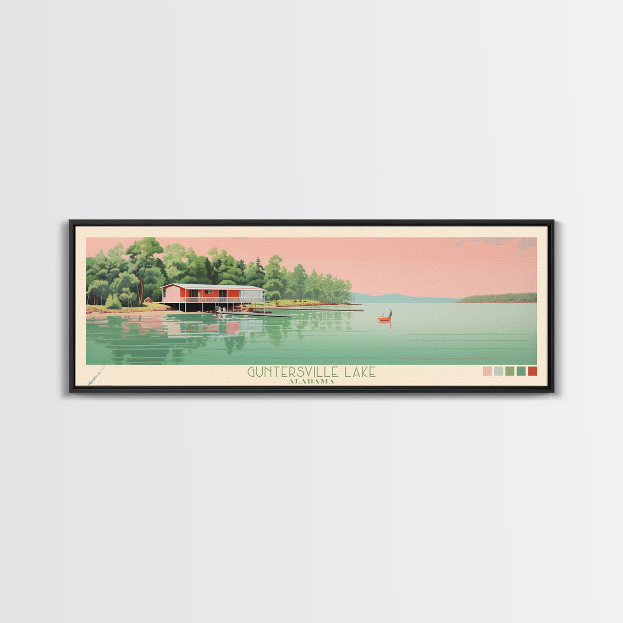 Guntersville Lake Alabama Framed Canvas Print, Panoramic Wall Art, Midcentury Modern, Pop Art, Living Room Wall Art, Travel Poster, Nature Art, Home Decor