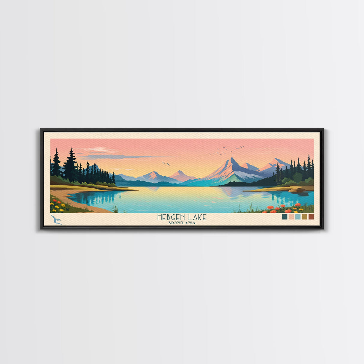 Hebgen Lake Montana Framed Canvas Print, Panoramic Wall Art, Midcentury Modern, Pop Art, Living Room Decor, Travel Poster, Nature Art, Lake House Art