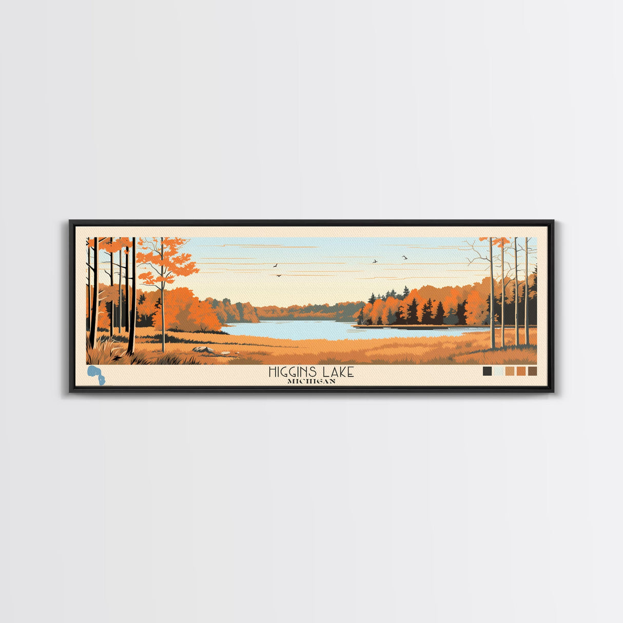 Higgins Lake Michigan Framed Canvas Print, Panoramic Art, Midcentury Modern, Pop Art, Bedroom Decor, Travel Poster, Lake House Art, Home Decor