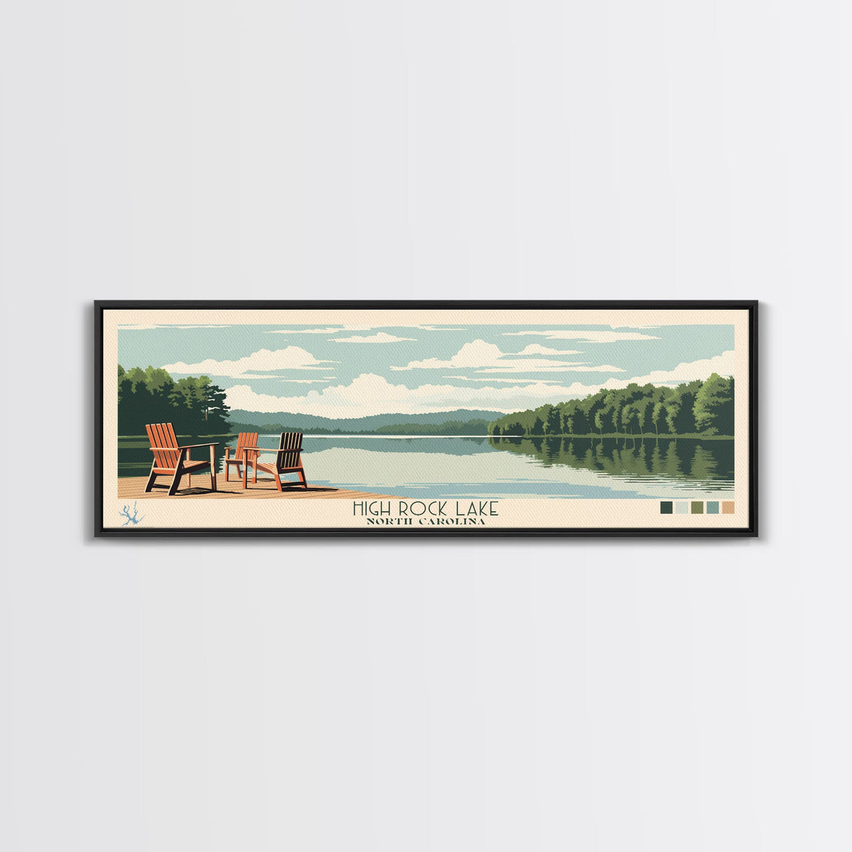 High Rock Lake North Carolina Framed Canvas Print, Panoramic Wall Art, Midcentury Modern, Pop Art, Living Room Decor, Travel Poster, Bedroom Art