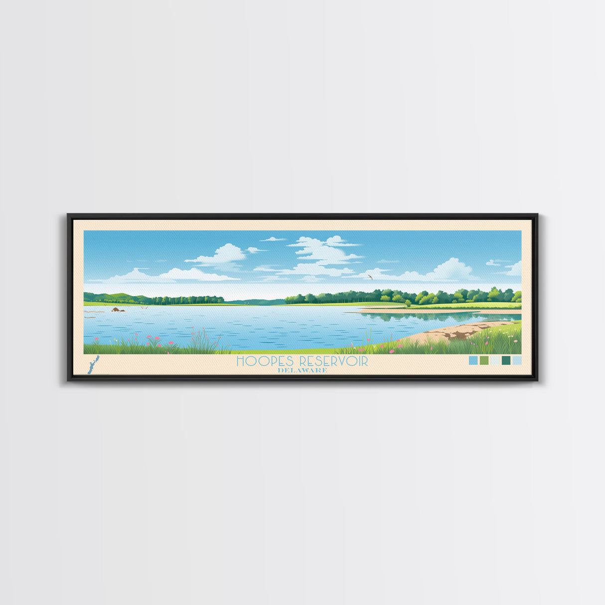 Hoopes Reservoir Delaware Framed Canvas Print, Panoramic Wall Art, Midcentury Modern, Pop Art, Lake House Art, Travel Poster, Bedroom Decor