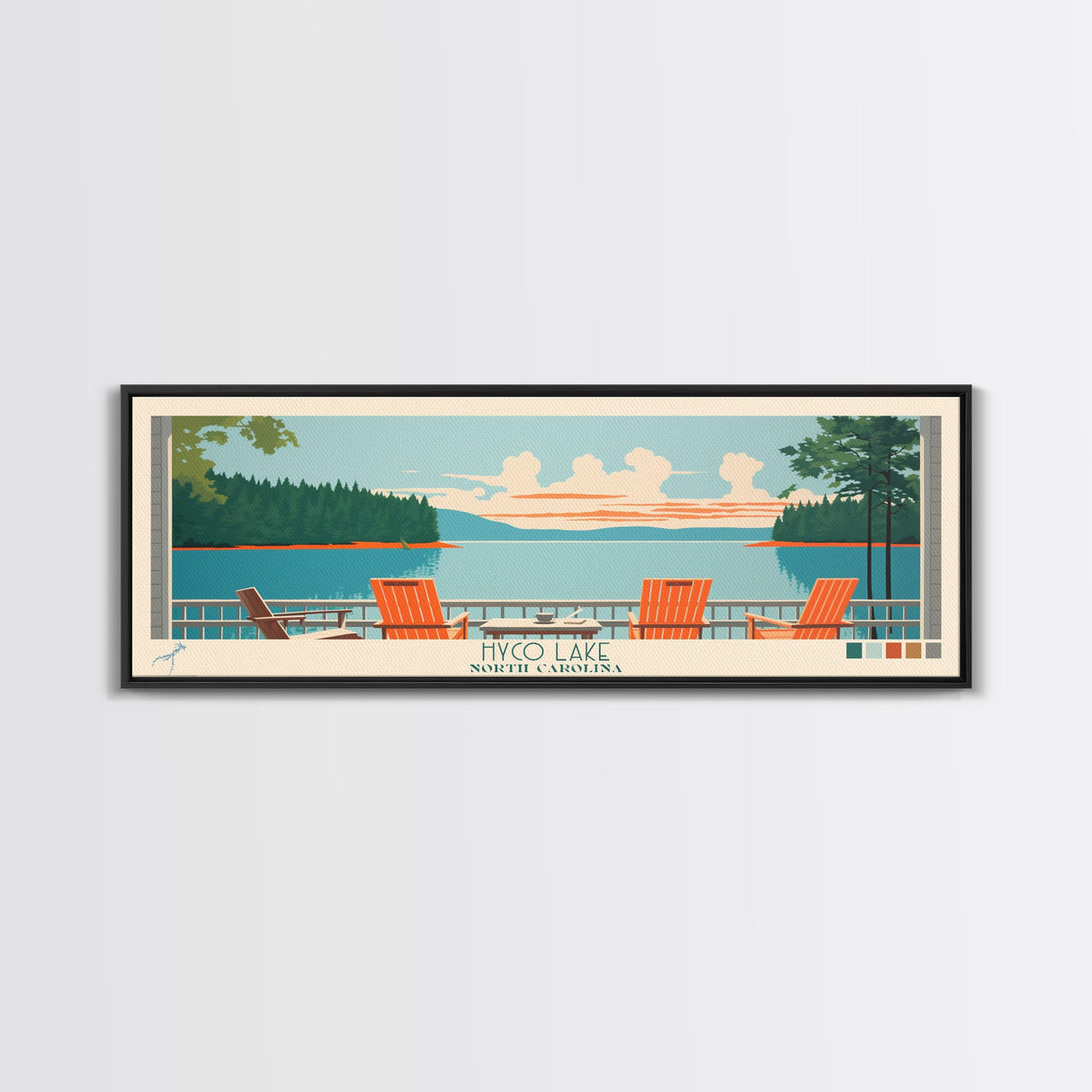 Hyco Lake North Carolina Framed Canvas Print, Panoramic Art, Midcentury Modern, Pop Art, Living Room Wall Art, Travel Poster, Lake House Art