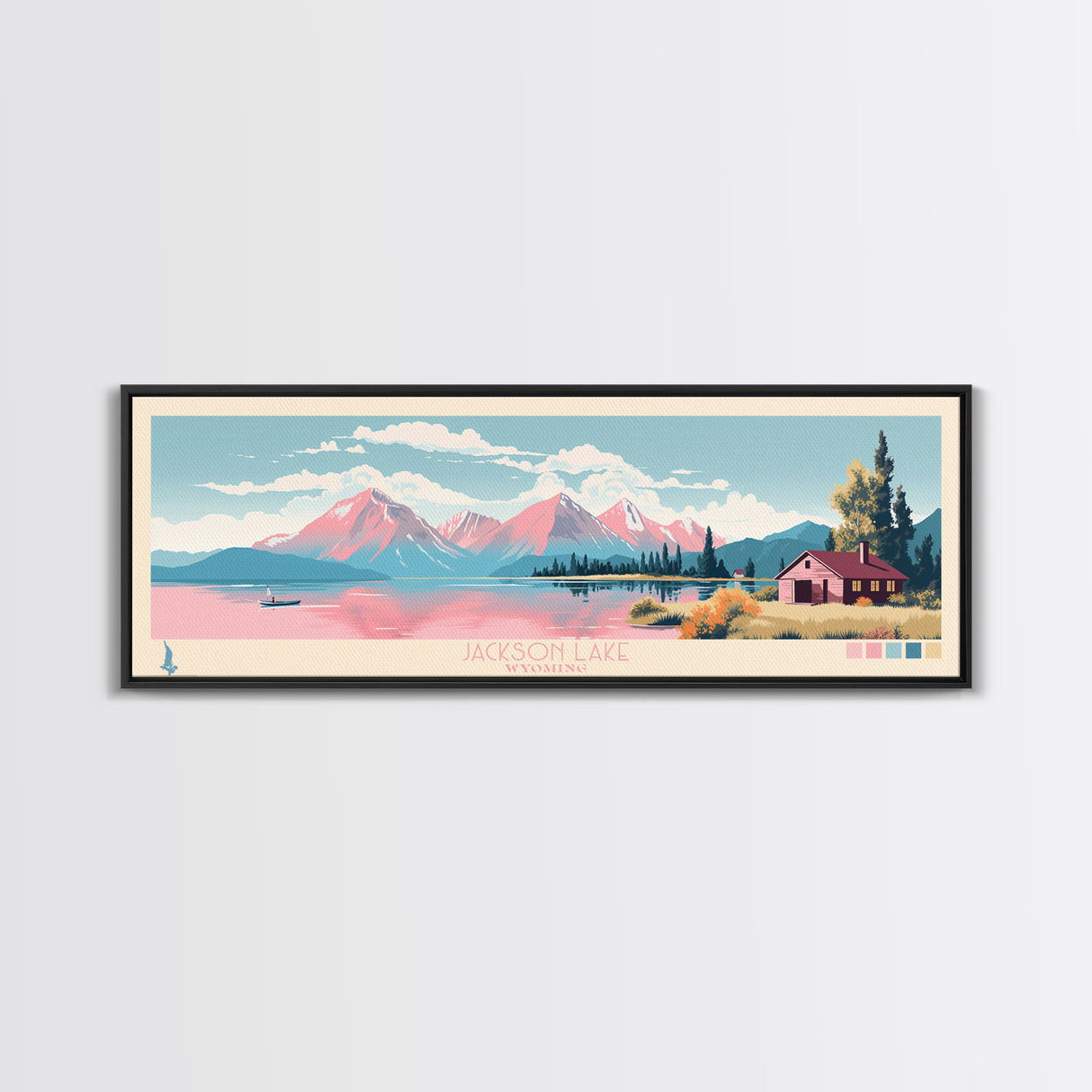 Jackson Lake Wyoming Framed Canvas Print, Panoramic Wall Art, Midcentury Modern, Pop Art, Bedroom Decor, Travel Poster, Nature Decor