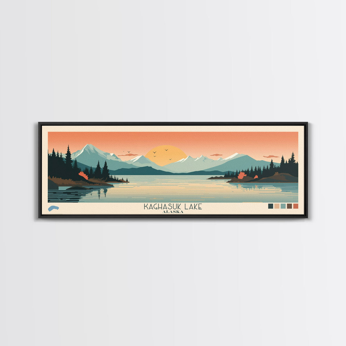 Kaghasuk Lake Alaska Framed Canvas Print, Panoramic Wall Art, Midcentury Modern, Pop Art, Bedroom Art, Travel Poster, Home Decor