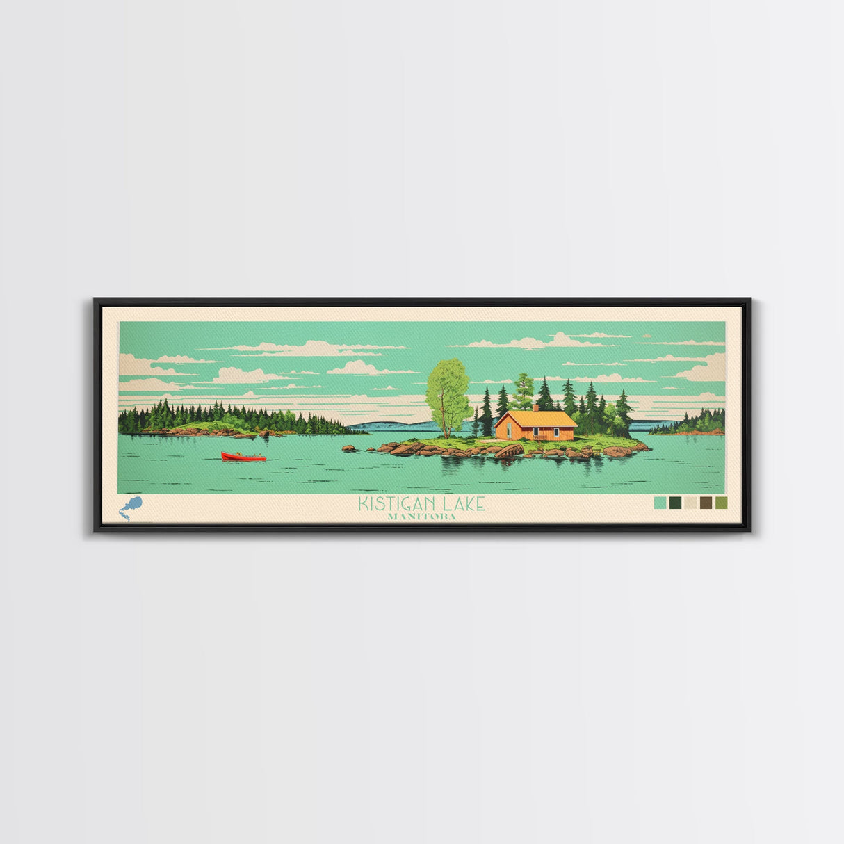 Kistigan Lake Manitoba Framed Canvas Print, Panoramic Wall Art, Midcentury Modern, Pop Art, Bedroom Decor, Travel Poster, Nature Decor