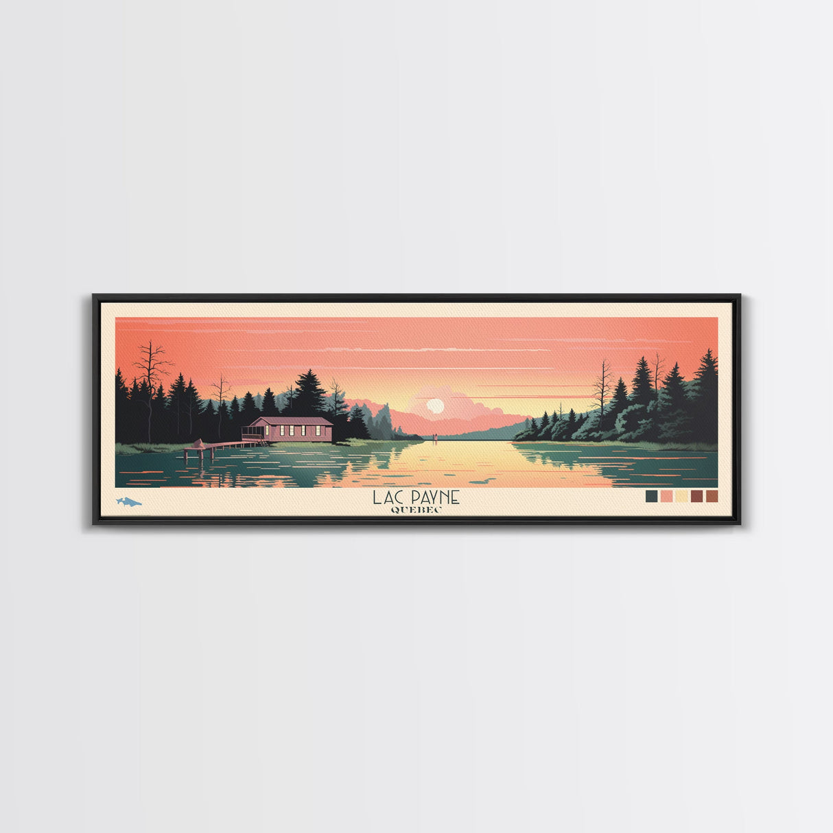 Lac Payne Quebec Framed Canvas Print, Panoramic Wall Art, Midcentury Modern, Pop Art, Bedroom Decor, Travel Poster, Living Room Art