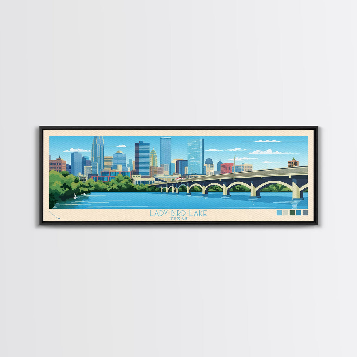 Lady Bird Lake Texas Framed Canvas Print, Panoramic Art, Midcentury Modern, Pop Art, Living Room Wall Art, Travel Poster, Lake House Decor