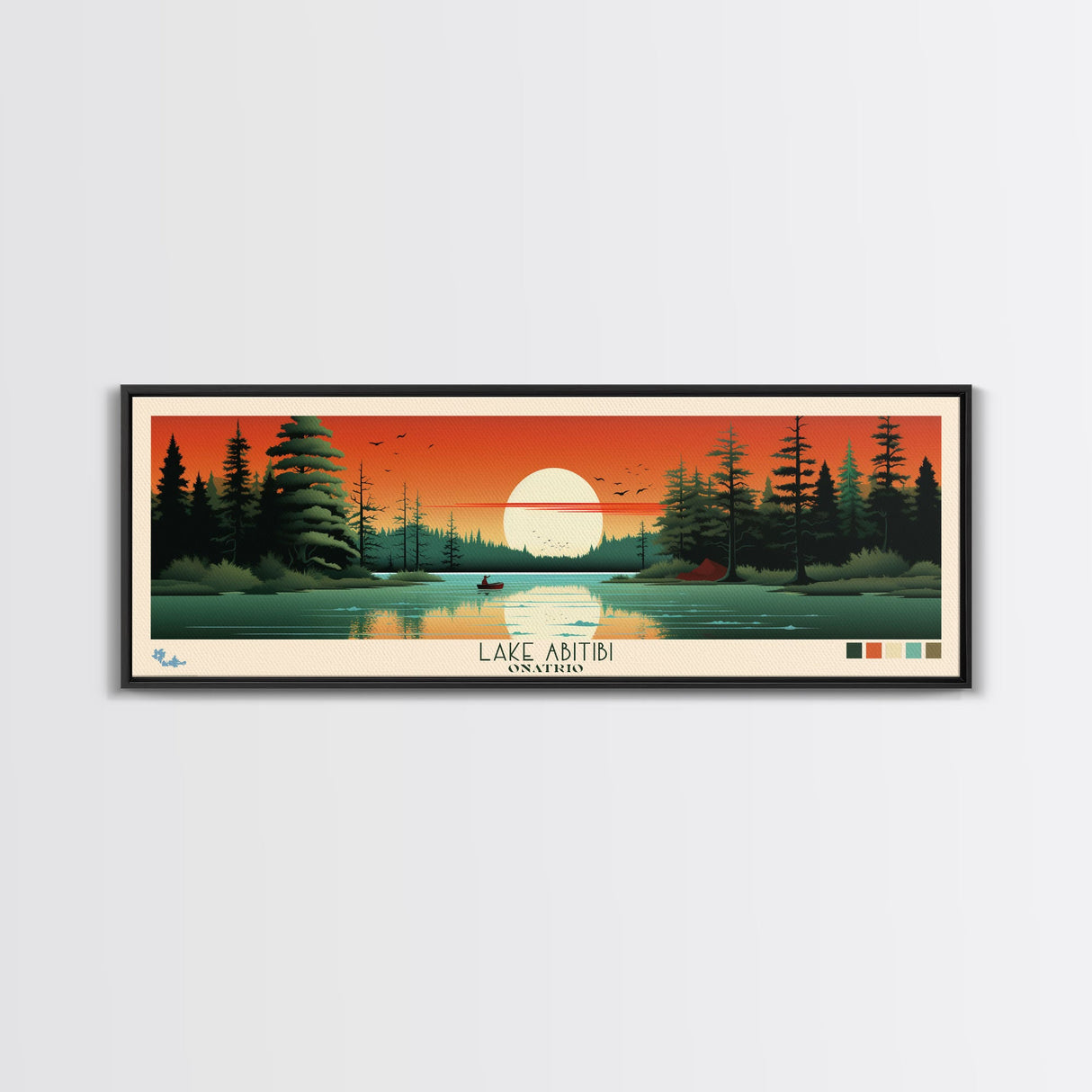 Lake Abitibi Ontario Framed Canvas Print, Panoramic Art, Midcentury Modern, Pop Art, Living Room Wall Art, Travel Poster, Lake House Decor