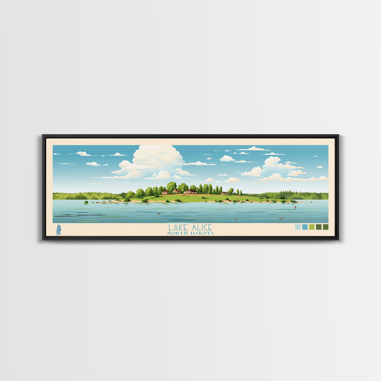 Lake Alice North Dakota Framed Canvas Print, Panoramic Wall Art, Midcentury Modern, Pop Art, Bedroom Decor, Travel Poster, Living Room Art