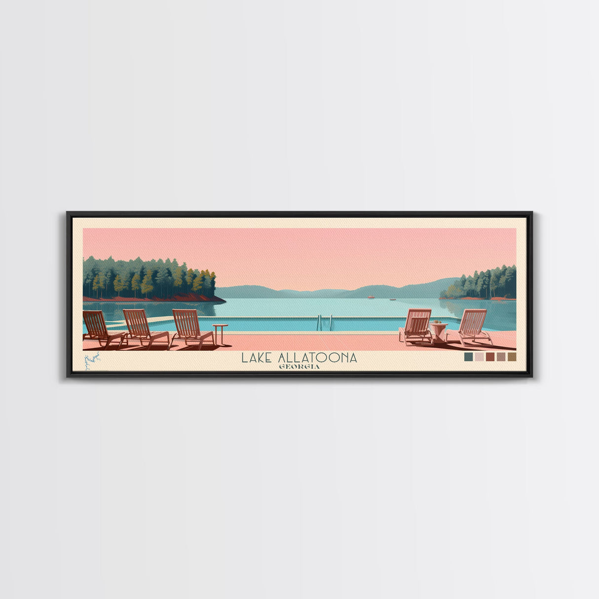 Lake Allatoona Georgia Framed Canvas Print, Panoramic Wall Art, Midcentury Modern, Pop Art, Living Room Decor, Travel Poster, Bedroom Art