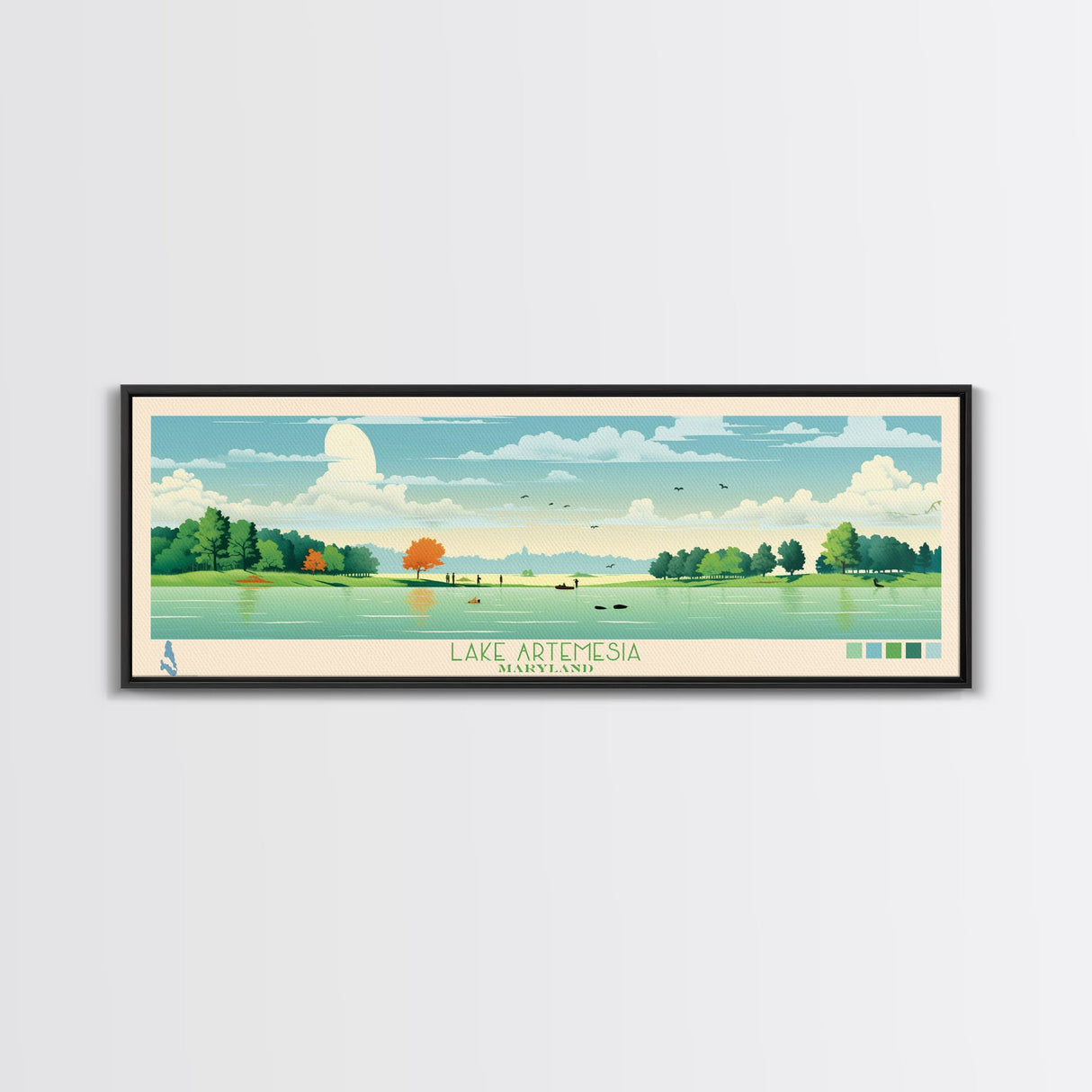 Lake Artemesia Maryland Framed Canvas Print, Panoramic Wall Art, Midcentury Modern, Pop Art, Bedroom Decor, Travel Poster, Living Room Art