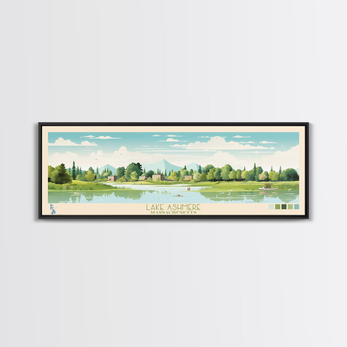 Lake Ashmere Massachusetts Framed Canvas Print, Panoramic Art, Midcentury Modern, Pop Art, Living Room Wall Art, Travel Poster, Lake House Decor