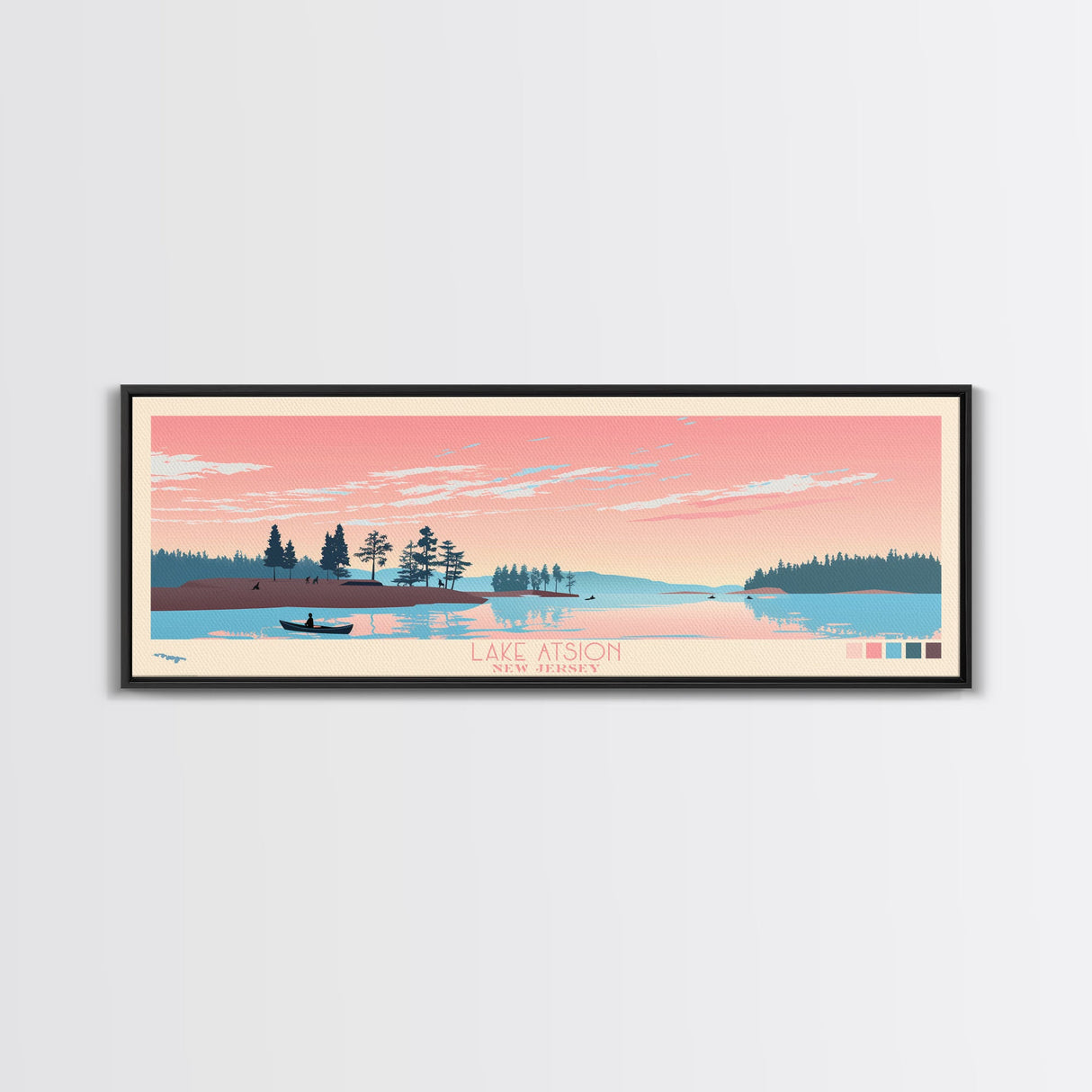 Lake Atsion New Jersey Framed Canvas Print, Panoramic Art, Midcentury Modern, Pop Art, Living Room Wall Art, Travel Poster, Lake House Decor