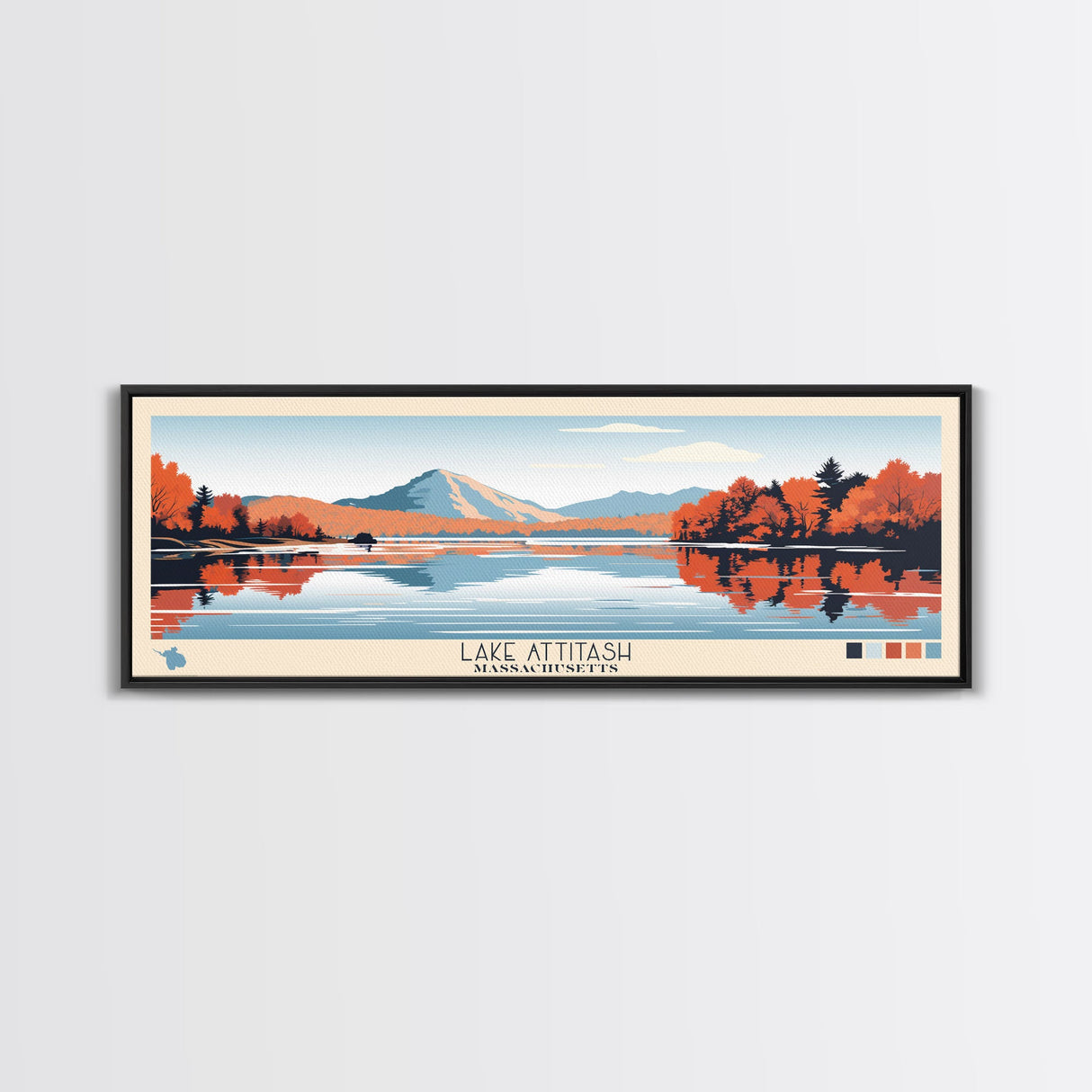 Lake Attitash Massachusetts Framed Canvas Print, Panoramic Wall Art, Midcentury Modern, Pop Art, Bedroom Decor, Travel Poster, Living Room Art