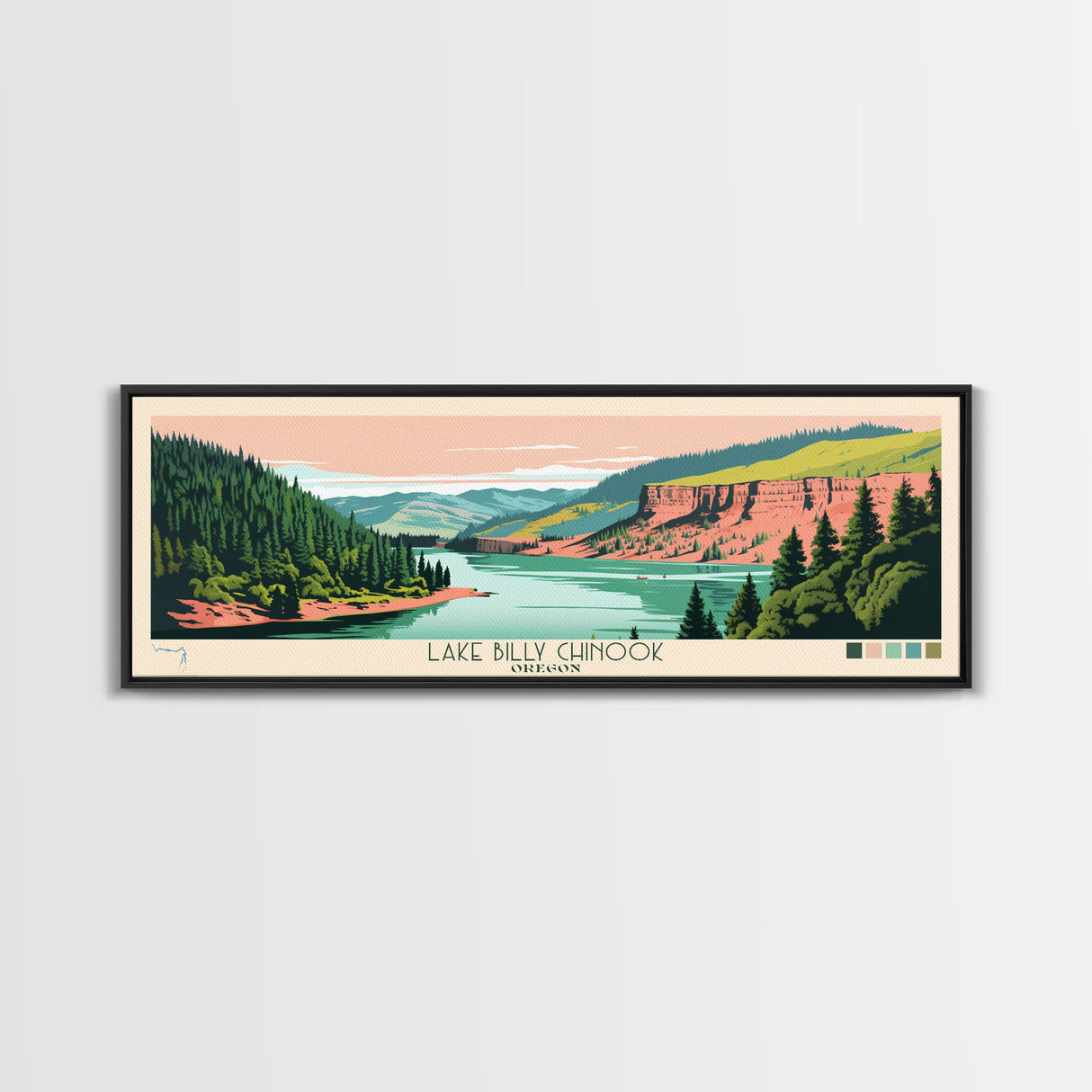 Lake Billy Chinook Oregon Framed Canvas Print, Panoramic Wall Art, Midcentury Modern, Pop Art, Living Room Decor, Travel Poster, Bedroom Art