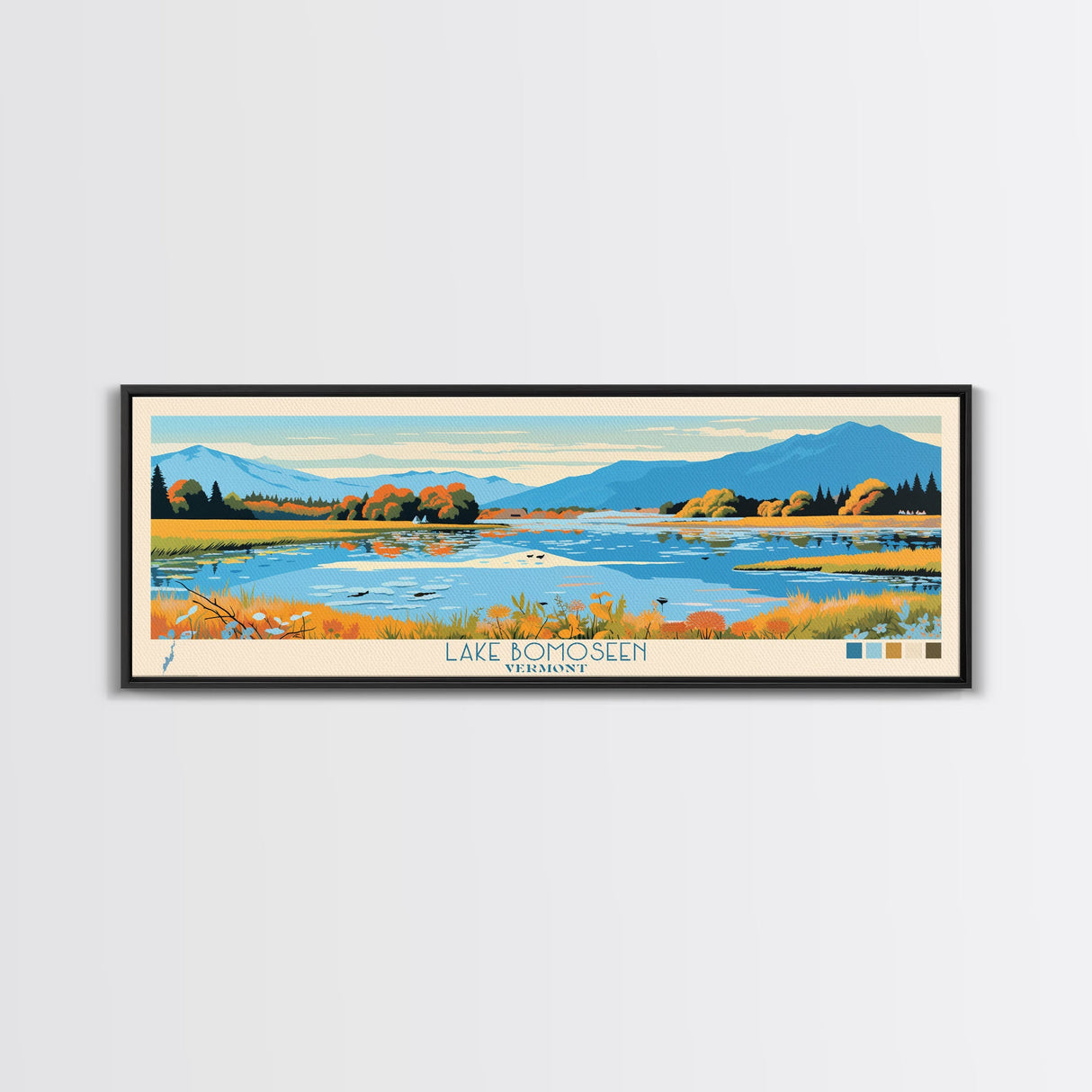 Lake Bomoseen Vermont Framed Canvas Print, Panoramic Wall Art, Midcentury Modern, Pop Art, Bedroom Decor, Travel Poster, Living Room Art