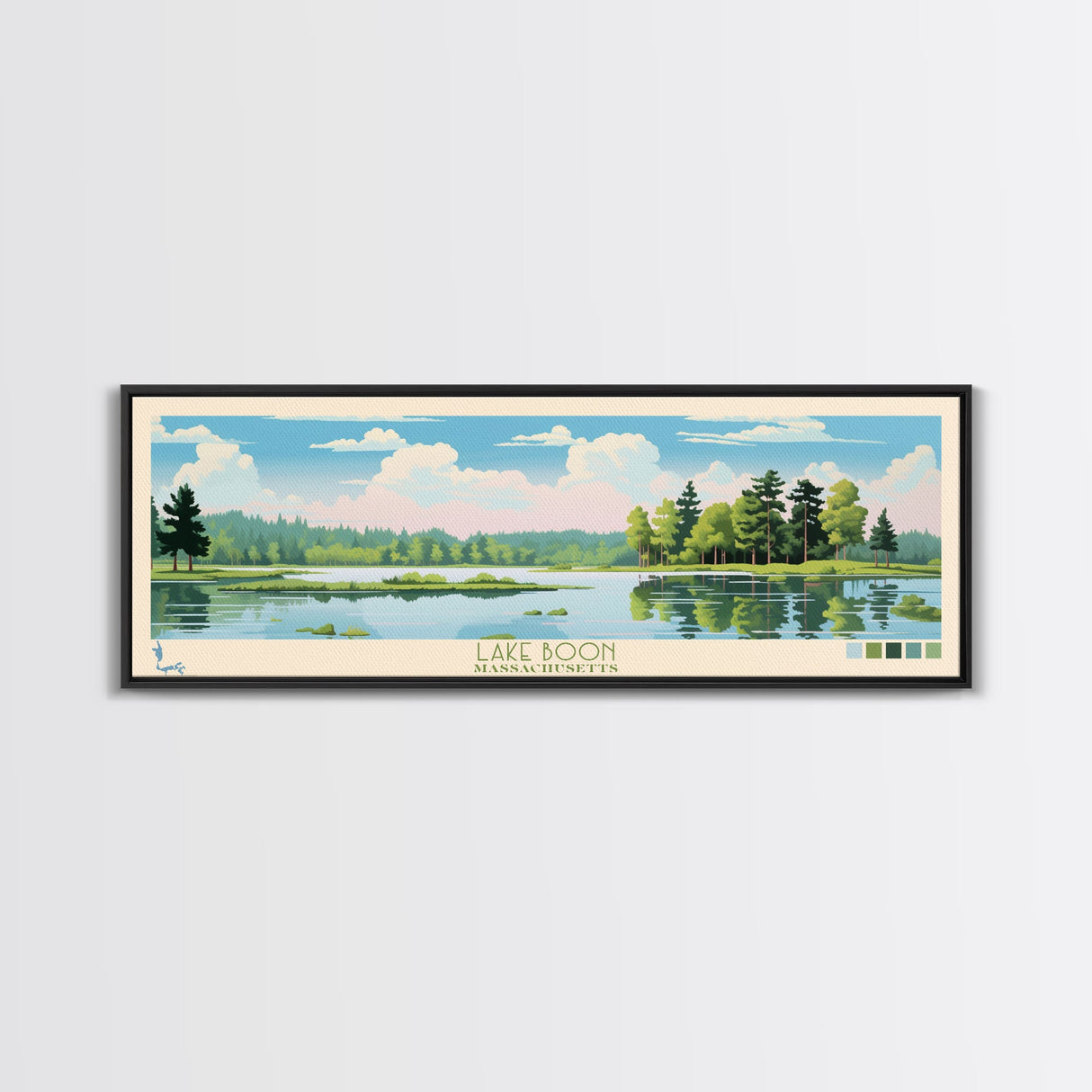 Lake Boon Massachusetts Framed Canvas Print, Panoramic Art, Midcentury Modern, Pop Art, Living Room Wall Art, Travel Poster, Lake House Decor