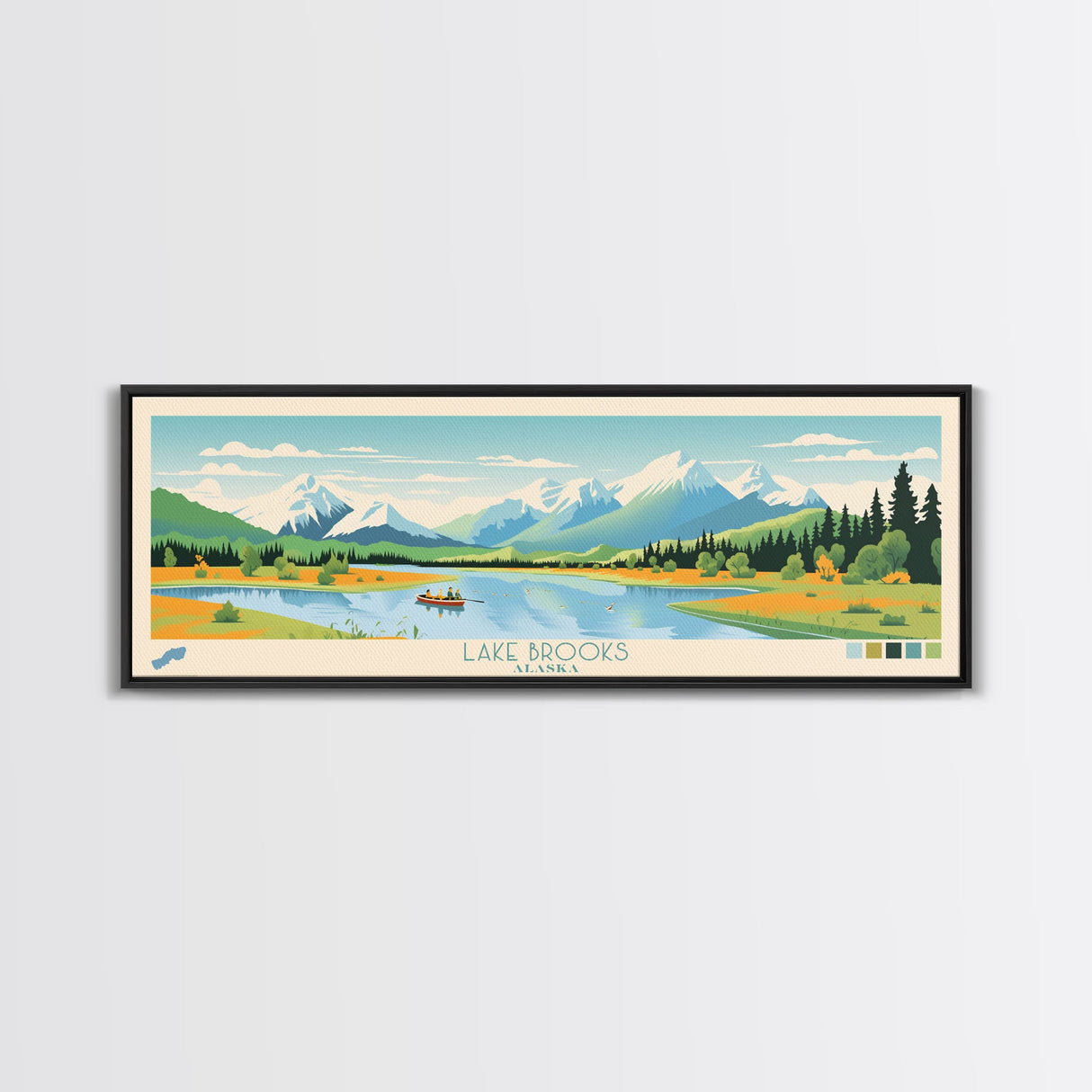 Lake Brooks Alaska Framed Canvas Print, Panoramic Wall Art, Midcentury Modern, Pop Art, Bedroom Decor, Travel Poster, Living Room Art