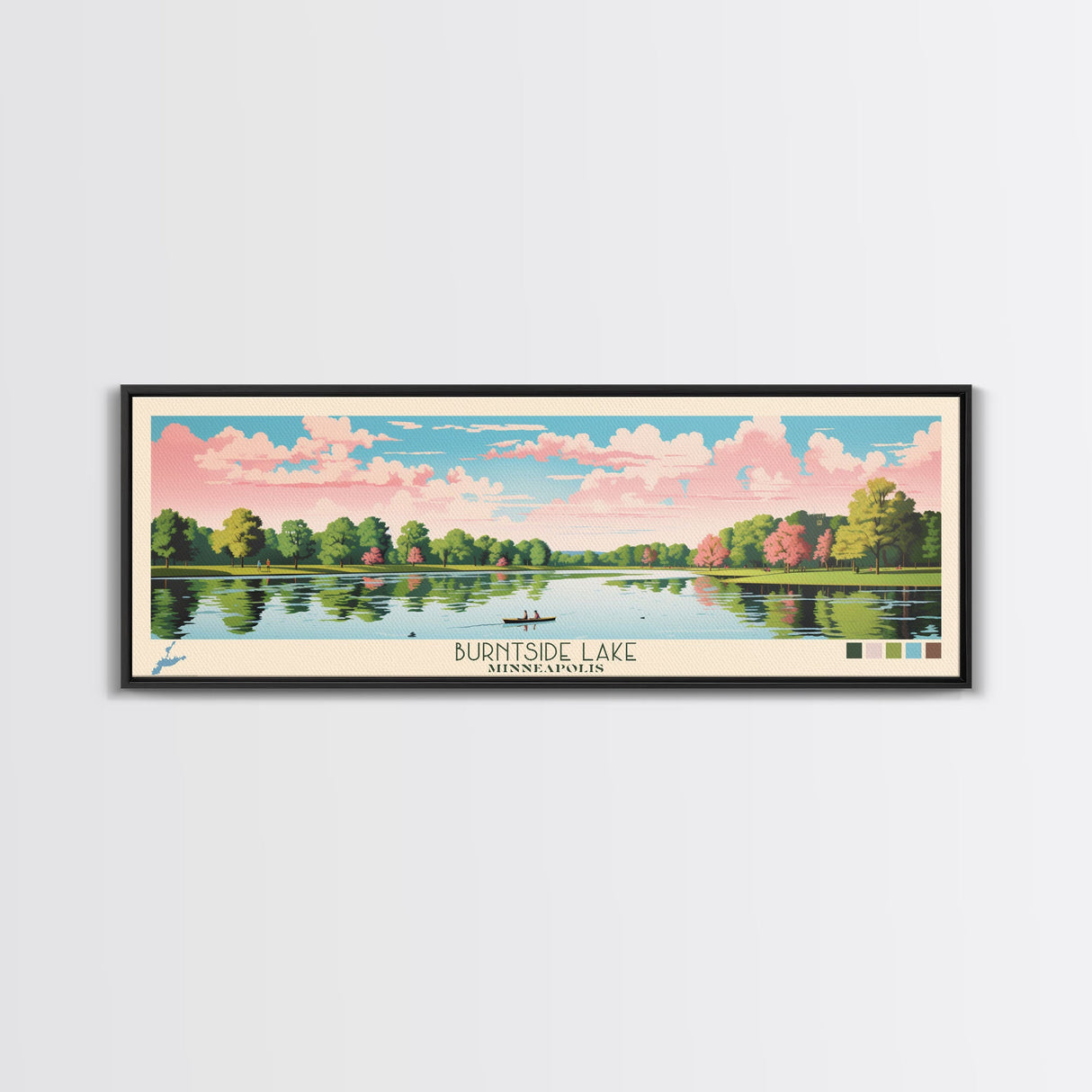 Lake Burntside Framed Canvas Print, Panoramic Art, Midcentury Modern, Pop Art, Living Room Wall Art, Travel Poster, Lake House Decor