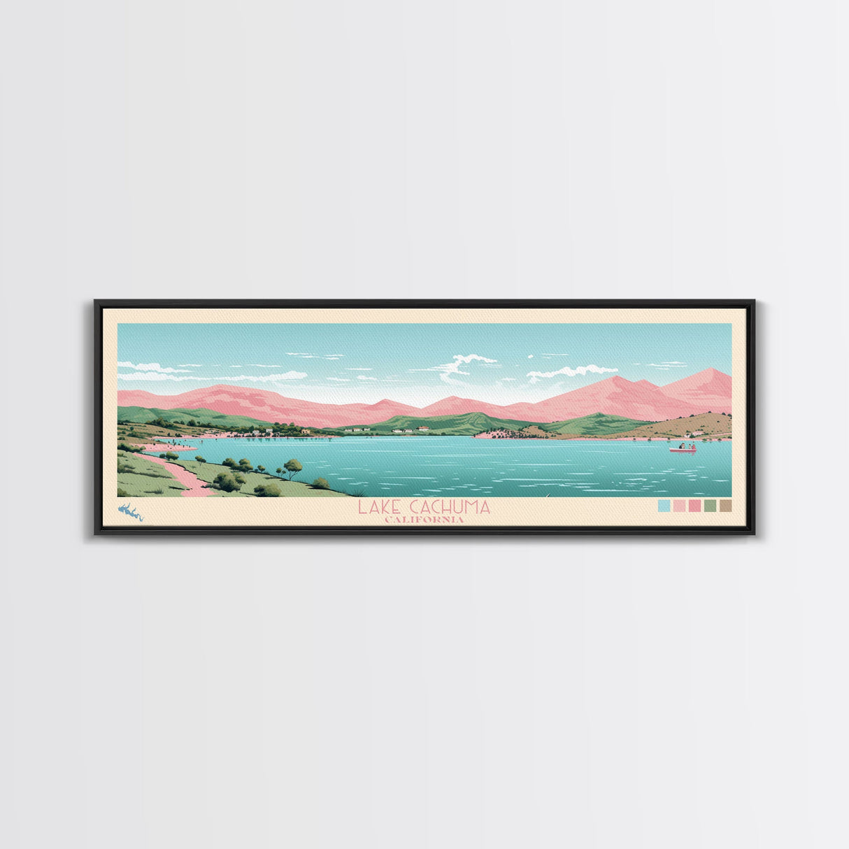 Lake Cachuma California Framed Canvas Print, Panoramic Art, Midcentury Modern, Pop Art, Living Room Wall Art, Travel Poster, Lake House Decor