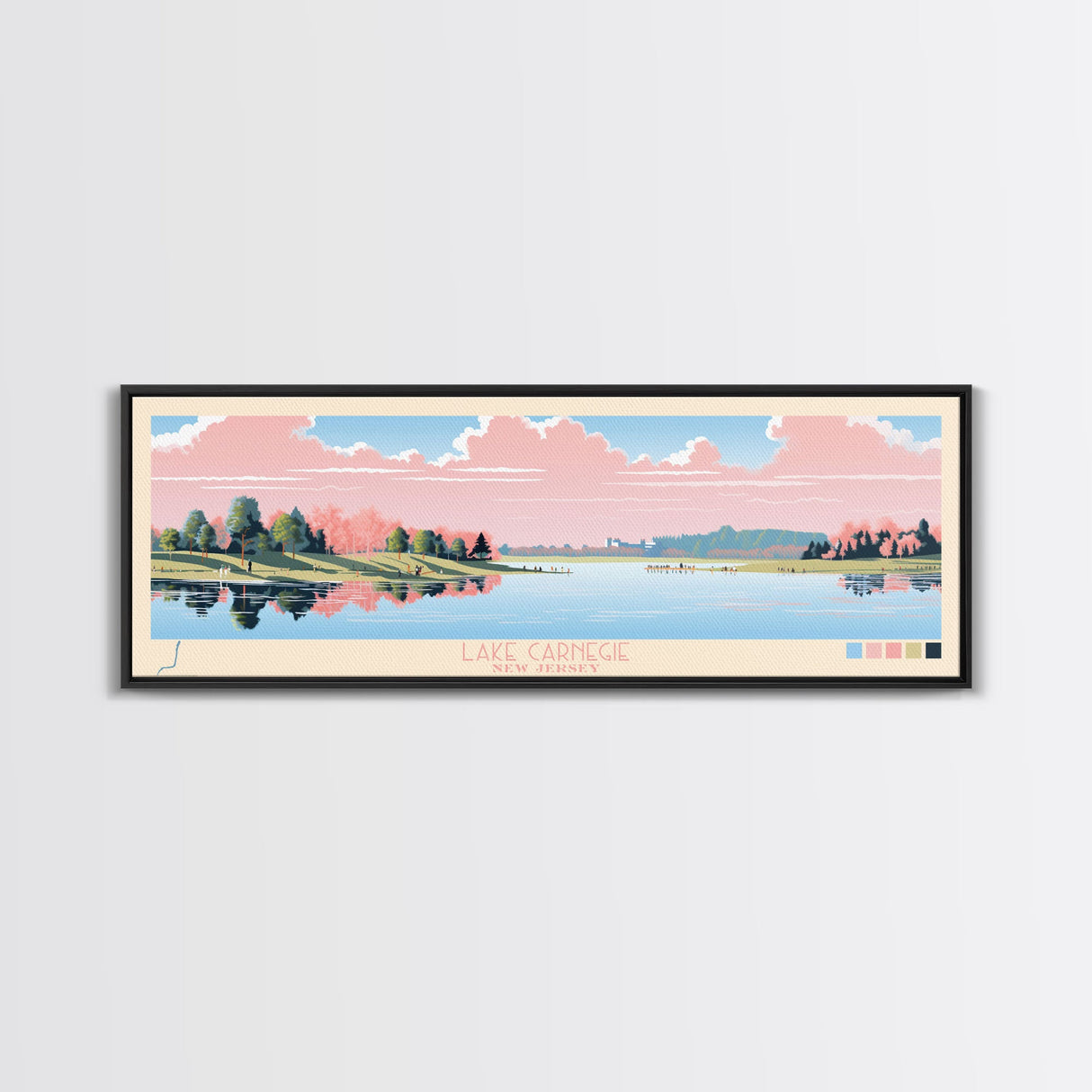 Lake Carnegie New Jersey Framed Canvas Print, Panoramic Wall Art, Midcentury Modern, Pop Art, Bedroom Decor, Travel Poster, Living Room Art